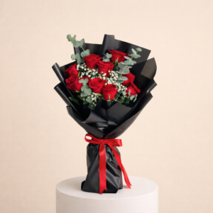 10 Roses With Eucalyptus Wrapped Black