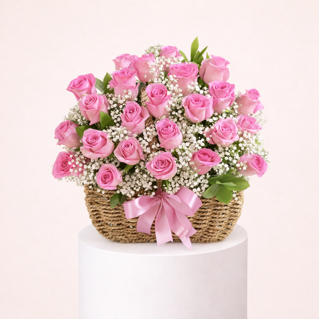25 Pink Roses Basket 1 25 Pink Roses Basket