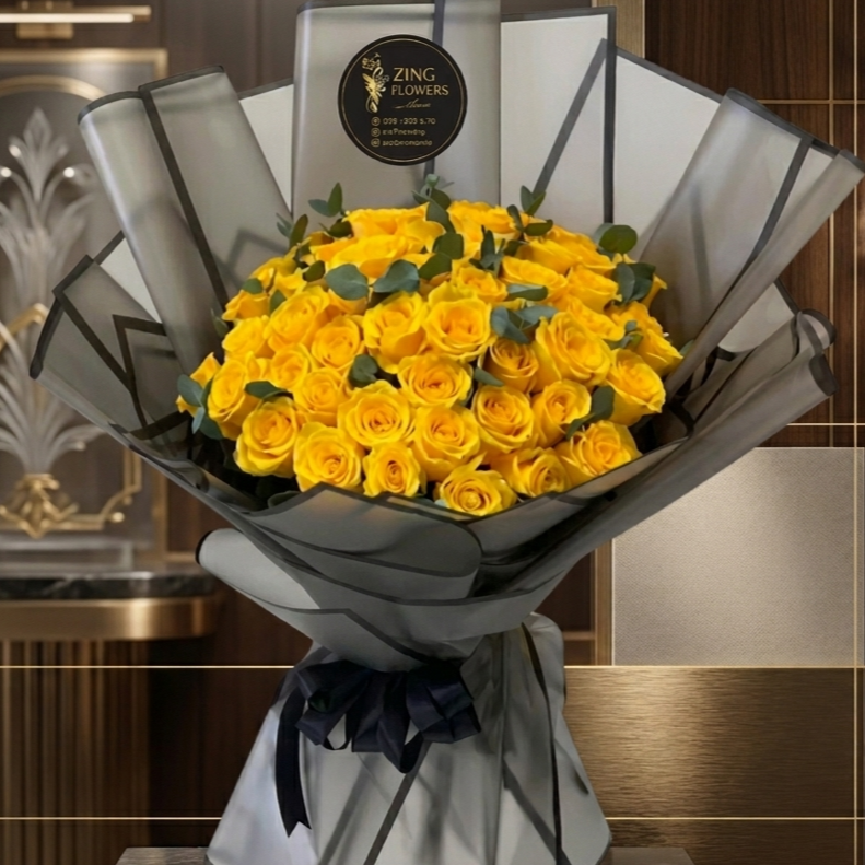 50 Pcs Yellow Roses With Eucalyptus & Wrapped 1 50 Pcs Yellow Roses With Eucalyptus & Wrapped