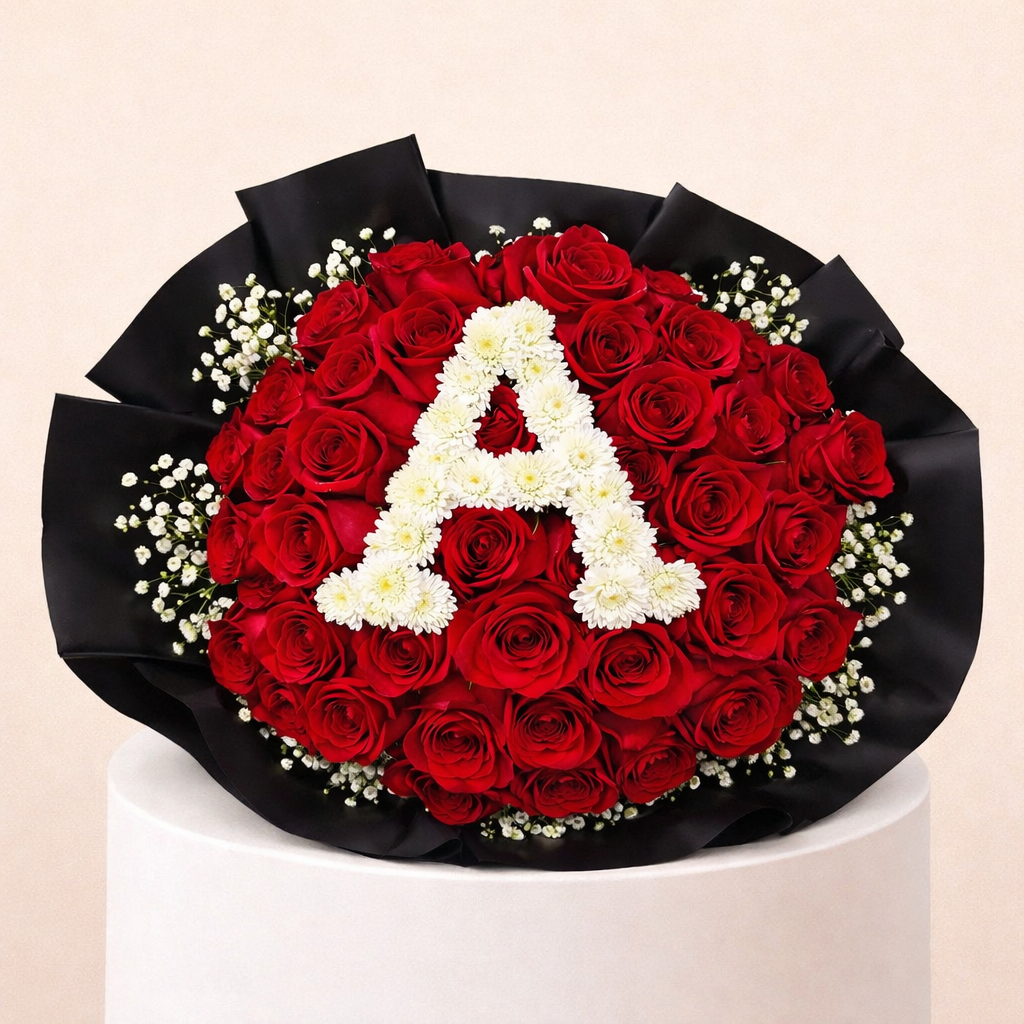 50 Red Roses Bouquet With Letter A 1 50 Red Roses Bouquet With Letter A