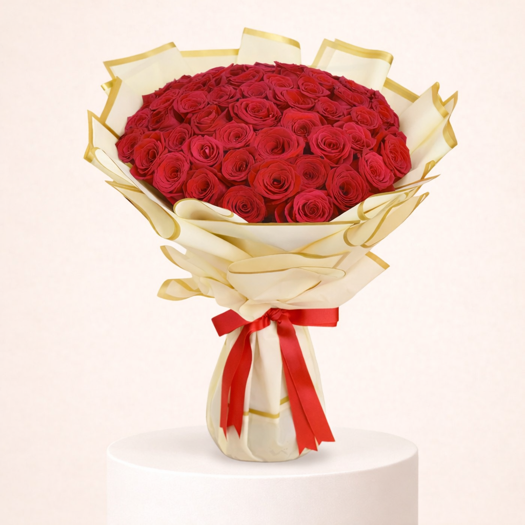 50 Stem Red Rose With White Gold Line Wrapped 1 50 Stem Red Rose With White Gold Line Wrapped