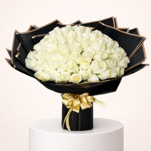 50 Stem White Rose With Black Gold Line Wrapped