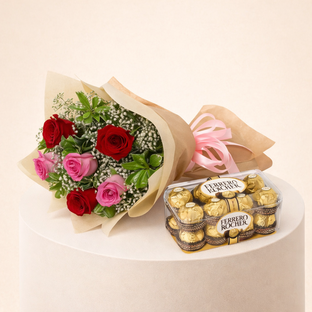 6 Stems Rose And Ferrero Rocher Chocolates 1 6 Stems Rose And Ferrero Rocher Chocolates