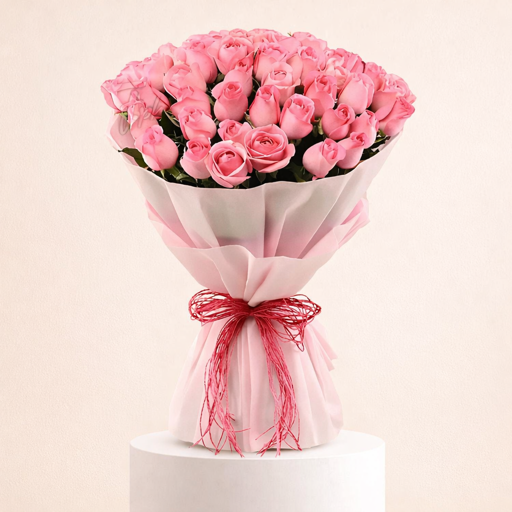 A Delicately Wrapped, Hand-bunch Of Twenty Gorgeous Pink Roses With Green Leaf And Knot It With Pink Lace Make It Perfect. 1 A Delicately Wrapped, Hand-bunch Of Twenty Gorgeous Pink Roses With Green Leaf And Knot It With Pink Lace Make It Perfect.