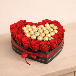 Arrangement Of 20 Stems Of Red Roses With 12Pcs Ferrero Rocher In A Heart Shape Box