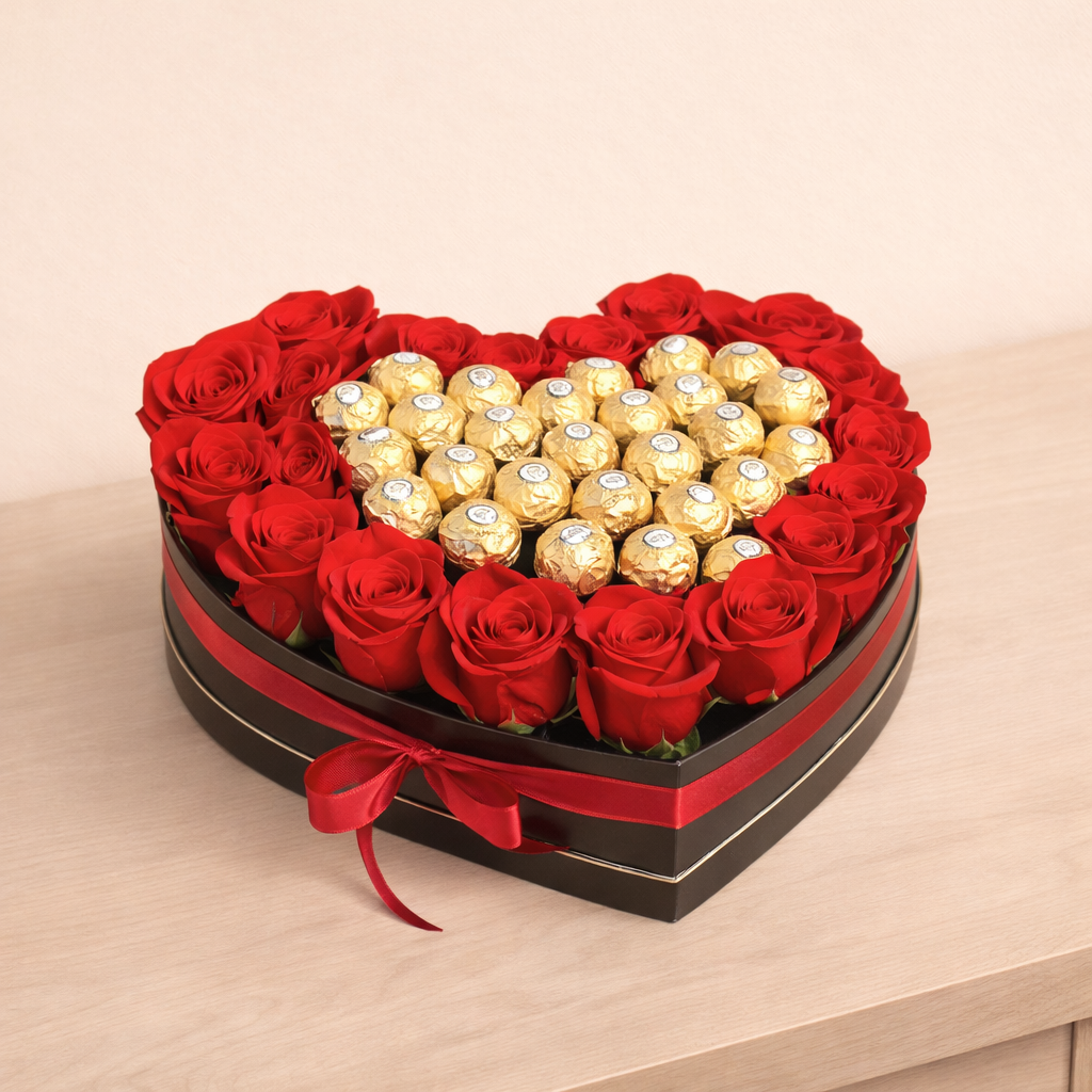 Arrangement Of 20 Stems Of Red Roses With 12Pcs Ferrero Rocher In A Heart Shape Box 1 Arrangement Of 20 Stems Of Red Roses With 12Pcs Ferrero Rocher In A Heart Shape Box