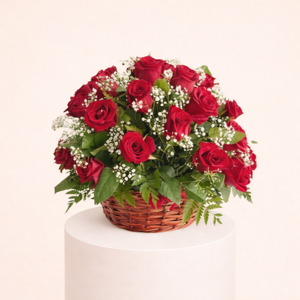 Arrangement Of 20 Stems Of Red Roses With Fillers Of Gypsophila And Greens In A Basket 1 Arrangement Of 20 Stems Of Red Roses With Fillers Of Gypsophila And Greens In A Basket