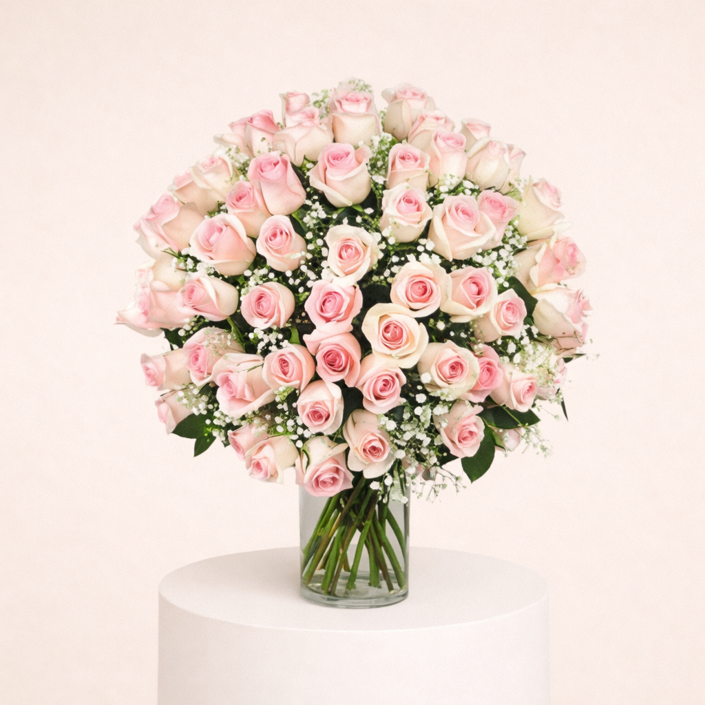 Arrangement Of 50 Stems Of Pink Roses With Fillers 1 Arrangement Of 50 Stems Of Pink Roses With Fillers