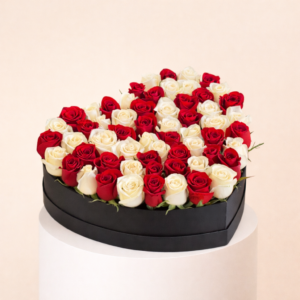 Arrangement Of White Roses AndRed Roses In A Heart Shape Box
